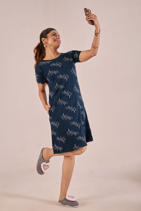 Sweet Moon Knit Cotton Mid Length Nightdress - Prussian Blue — image 4